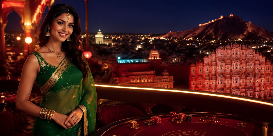 Woman playing Indian card game Andar Bahar alongside Hawa Mahal backdrop
